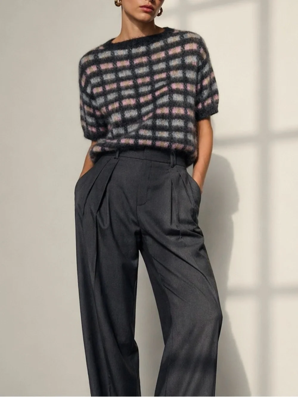 PRADA Maglieria Mohair Wool Windowpane‎ Short Sleeve Sweater